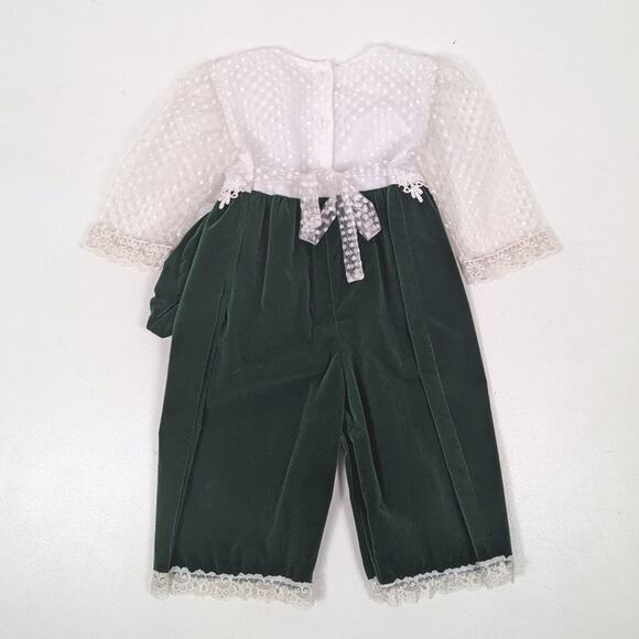 Vintage Outfit Girls Size 24m Green Velvet Christmas Lace Romper Beret - Picture 5 of 8